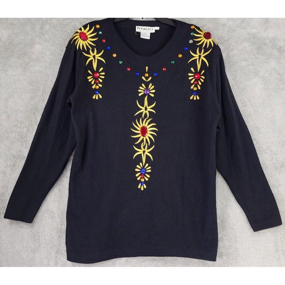 Premiere Sweater Womens Large Black Gold Embroidered Gem Wool Blend Vintage